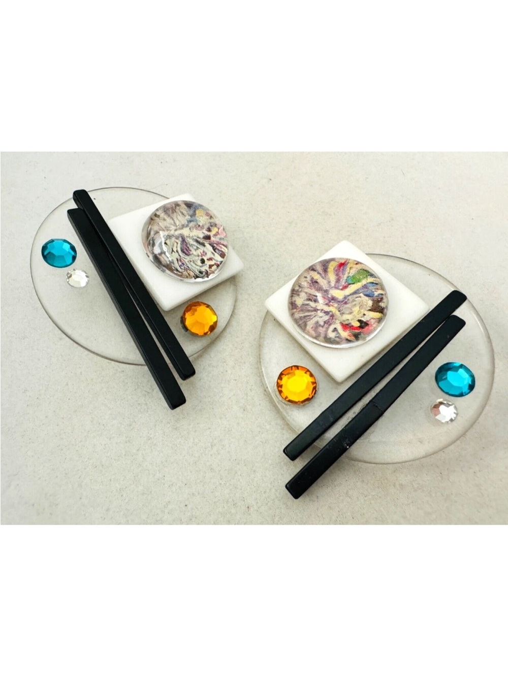 Oversized Vintage 1980s GEOMETRIC Plastic Lucite Rhinestone Clip Earrings 2 1/4"